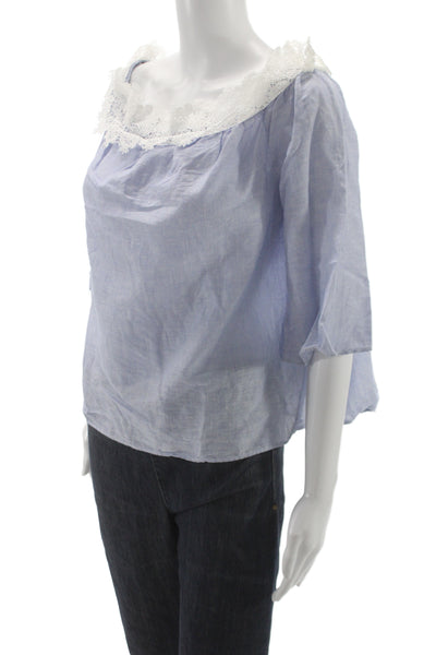 Zara Womens Off Shoulder Striped Basic Blouse Blue 3/4 Sleeve Boho Size L