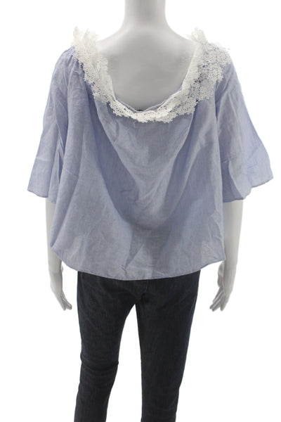 Zara Womens Off Shoulder Striped Basic Blouse Blue 3/4 Sleeve Boho Size L