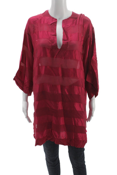 Gottex Womens Red Silk Striped V-Neck Tunic Blouse 3/4 Sleeve Resort Size S