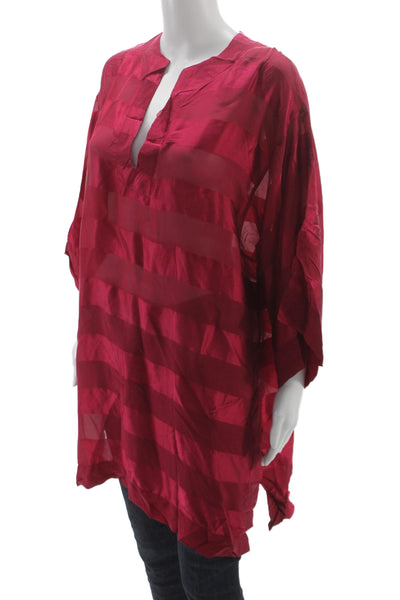 Gottex Womens Red Silk Striped V-Neck Tunic Blouse 3/4 Sleeve Resort Size S