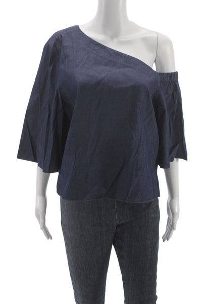 Tibi Womens One Shoulder Denim Blouse 3/4 Sleeve Blue Size 12
