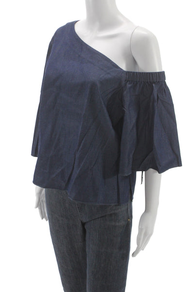 Tibi Womens One Shoulder Denim Blouse 3/4 Sleeve Blue Size 12