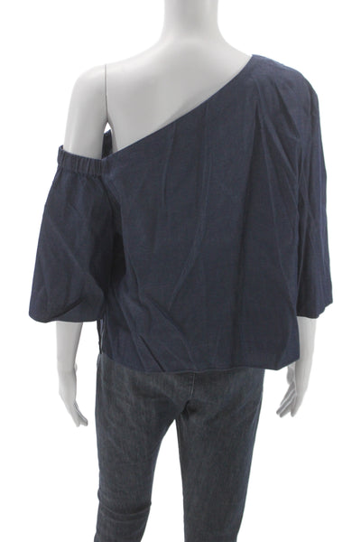 Tibi Womens One Shoulder Denim Blouse 3/4 Sleeve Blue Size 12