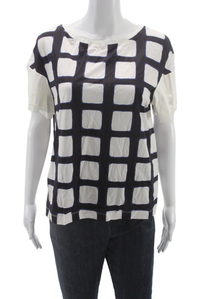 Weekend Max Mara Women Black Cotton Boat Neck Check T-Shirt Short Sleeve Size L