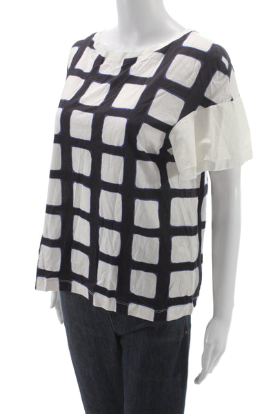 Weekend Max Mara Women Black Cotton Boat Neck Check T-Shirt Short Sleeve Size L