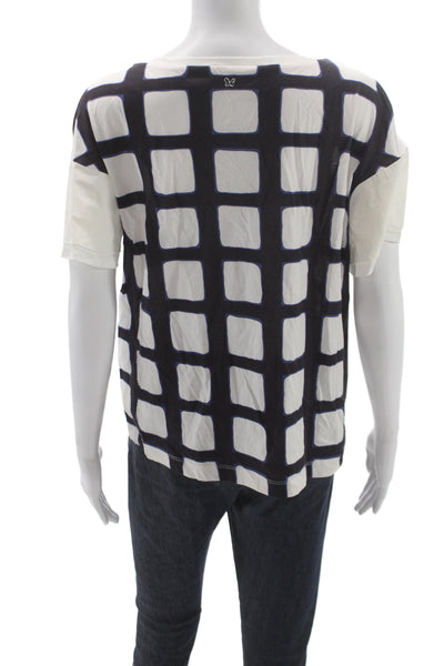 Weekend Max Mara Women Black Cotton Boat Neck Check T-Shirt Short Sleeve Size L