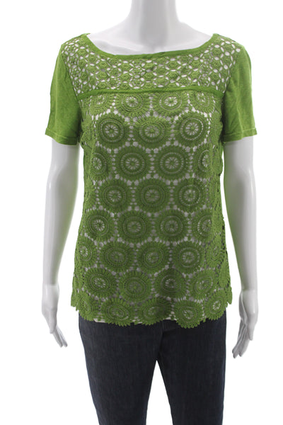 Tory Burch Women Green Geometric Boat Neck Short Sleeve Basic Blouse Size L
