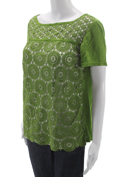Tory Burch Women Green Geometric Boat Neck Short Sleeve Basic Blouse Size L