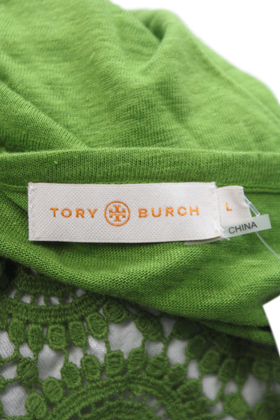 Tory Burch Women Green Geometric Boat Neck Short Sleeve Basic Blouse Size L