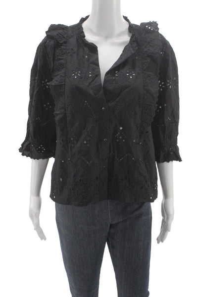 Zara Women Black Cotton Floral Collared Basic Blouse 3/4 Sleeve Size XL