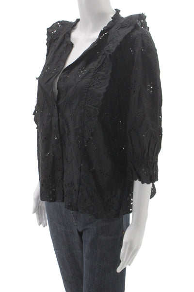 Zara Women Black Cotton Floral Collared Basic Blouse 3/4 Sleeve Size XL