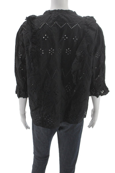 Zara Women Black Cotton Floral Collared Basic Blouse 3/4 Sleeve Size XL