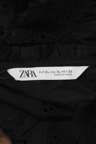 Zara Women Black Cotton Floral Collared Basic Blouse 3/4 Sleeve Size XL