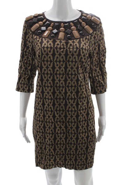 Milly Womens Shift Dress Brown Geometric Round Neck 3/4 Sleeve Short Size 12