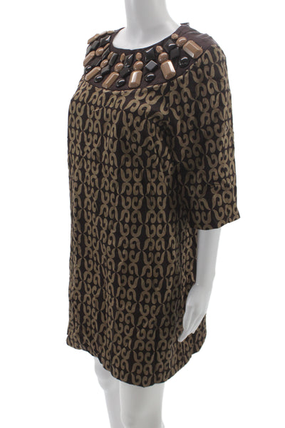 Milly Womens Shift Dress Brown Geometric Round Neck 3/4 Sleeve Short Size 12