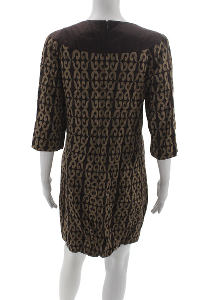 Milly Womens Shift Dress Brown Geometric Round Neck 3/4 Sleeve Short Size 12