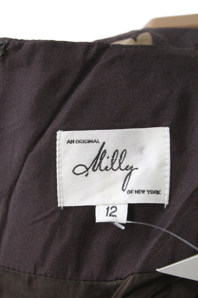 Milly Womens Shift Dress Brown Geometric Round Neck 3/4 Sleeve Short Size 12