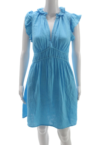 Xirena Women Blue Cotton V-Neck Sundress Short Sleeve Mini Size S