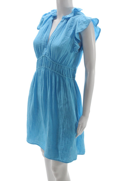 Xirena Women Blue Cotton V-Neck Sundress Short Sleeve Mini Size S