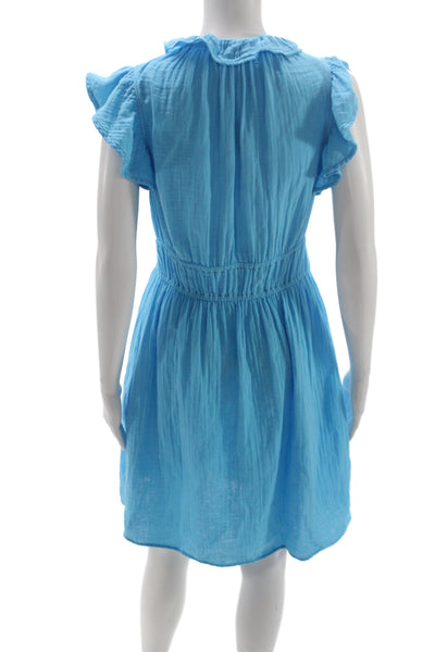 Xirena Women Blue Cotton V-Neck Sundress Short Sleeve Mini Size S