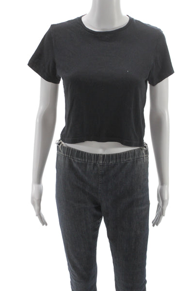 Denim Forum Women Cropped Black Cotton Short Sleeve Crew Neck T-Shirt Size XS