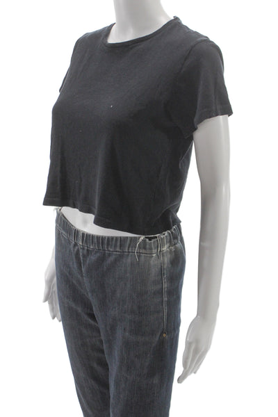 Denim Forum Women Cropped Black Cotton Short Sleeve Crew Neck T-Shirt Size XS