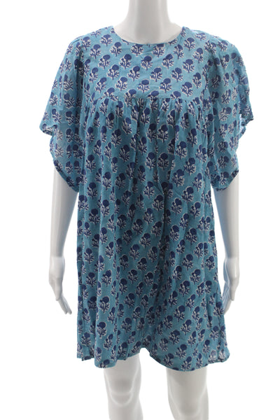 India Collection Women Shift Dress Blue Floral Cotton Short Sleeve Size XS