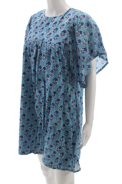 India Collection Women Shift Dress Blue Floral Cotton Short Sleeve Size XS