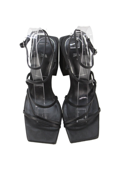 Zara Womens Block Heel Leather Ankle Strap Sandals Black Size 37