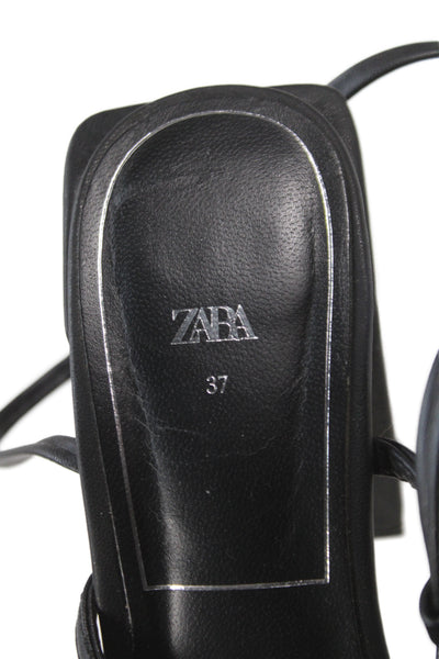 Zara Womens Block Heel Leather Ankle Strap Sandals Black Size 37