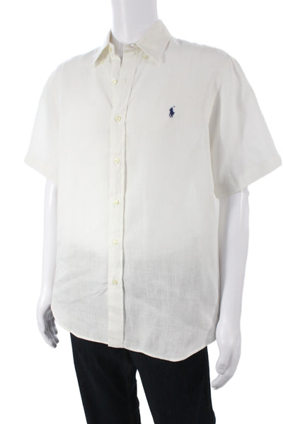 Ralph Lauren Mens Collared Short Sleeve Linen Button Up Shirt White Size L
