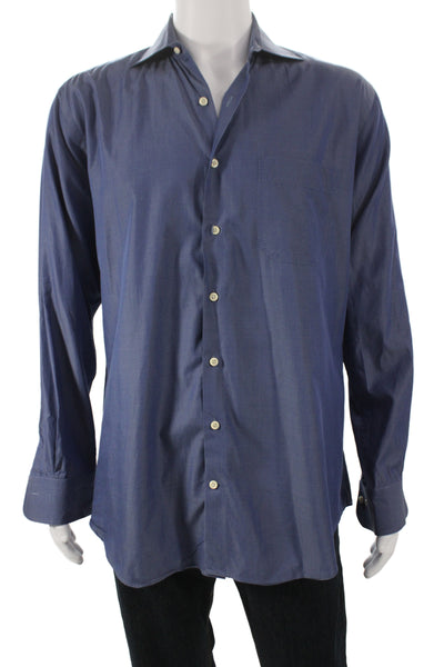 Peter Millar Mens Blue Long Sleeve Button Up Shirt 100% Cotton Size L