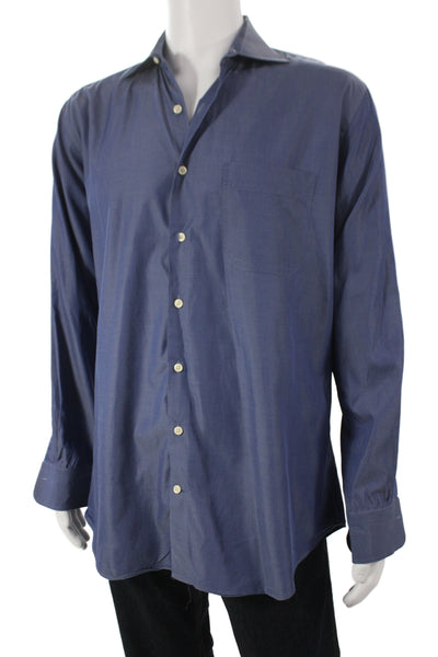 Peter Millar Mens Blue Long Sleeve Button Up Shirt 100% Cotton Size L
