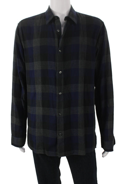 Vince Mens Blue Plaid Cotton Long Sleeve Button Up Collared Shirt Size XL