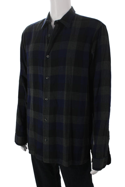 Vince Mens Blue Plaid Cotton Long Sleeve Button Up Collared Shirt Size XL
