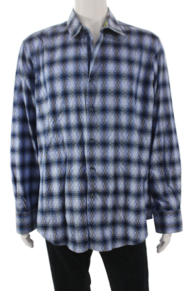 Robert Graham Mens Long Sleeve Blue Plaid Button-Up Cotton Shirt Size XL