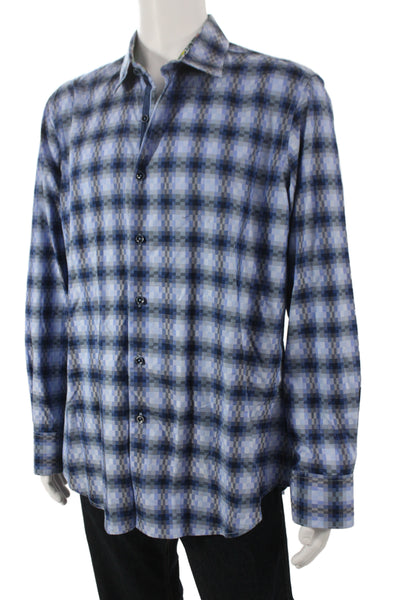 Robert Graham Mens Long Sleeve Blue Plaid Button-Up Cotton Shirt Size XL