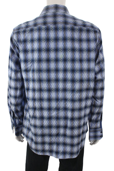 Robert Graham Mens Long Sleeve Blue Plaid Button-Up Cotton Shirt Size XL