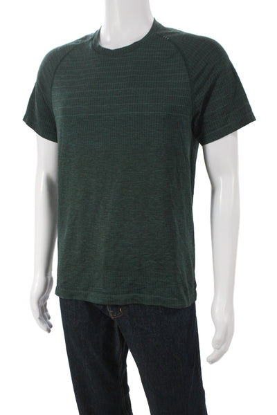 Lululemon Mens Striped Green Athletic Crew Neck Polyester T-Shirt Size M