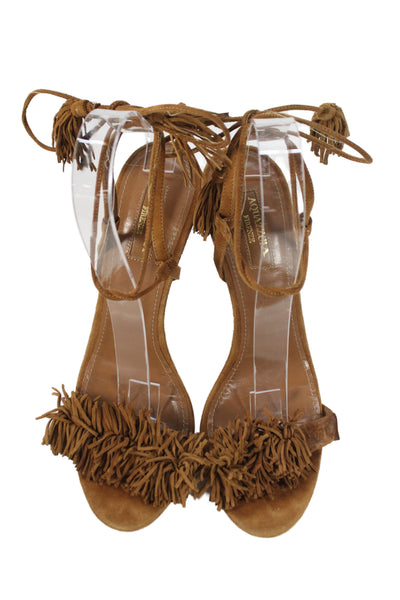 Aquazzura Womens Suede Fringe Detail Lace Up Heels Shoes Brown Size 8.5