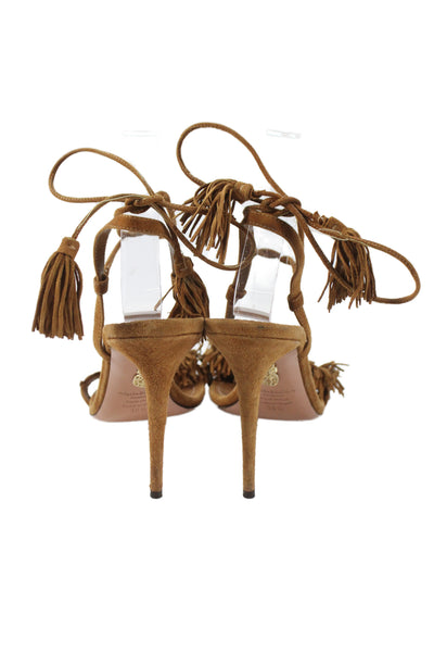 Aquazzura Womens Suede Fringe Detail Lace Up Heels Shoes Brown Size 8.5