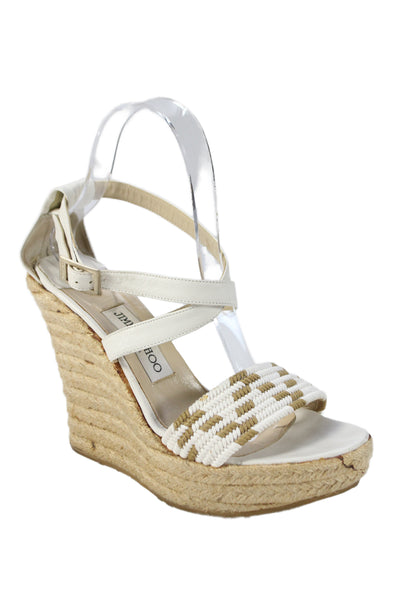 Jimmy Choo Womens Leather Ankle Strap Espadrille Wedges White Size 38 8