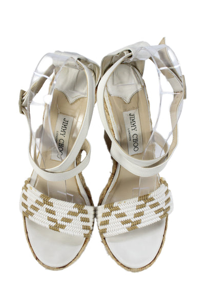 Jimmy Choo Womens Leather Ankle Strap Espadrille Wedges White Size 38 8