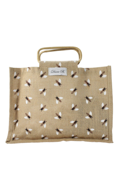 Diane B Women's Wooded Handle Bee Print Tote Handbag Beige