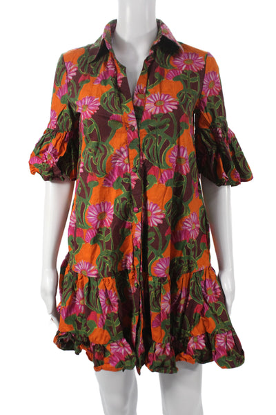 La Double J Women Multicolor Floral Cotton Shirt Dress Half Sleeve Size 2XS