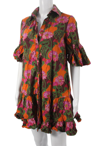 La Double J Women Multicolor Floral Cotton Shirt Dress Half Sleeve Size 2XS