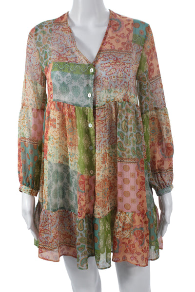 Zara Women Trapeze Swing Patchwork V-Neck Long Sleeve Mini Dress Size XS