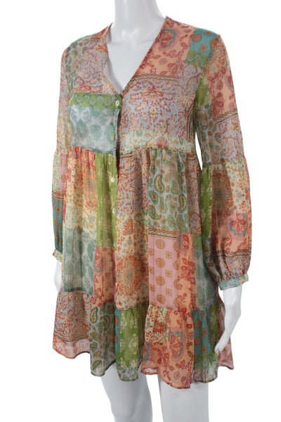 Zara Women Trapeze Swing Patchwork V-Neck Long Sleeve Mini Dress Size XS