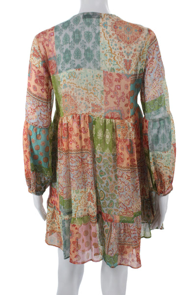 Zara Women Trapeze Swing Patchwork V-Neck Long Sleeve Mini Dress Size XS