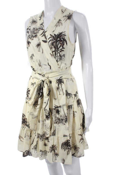Banana Republic Women Wrap Dress Beige V-Neck Sleeveless Animal Print Size S